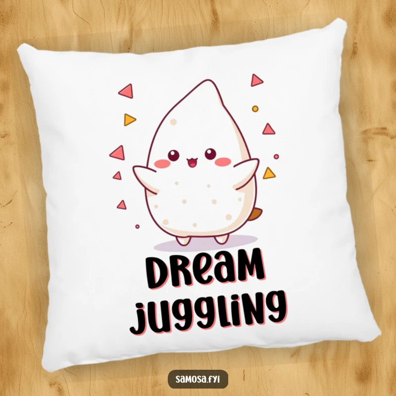 Funny Samosa Pillow featuring a samosa character expertly juggling small triangles, embodying impressive skill and playful multitasking.