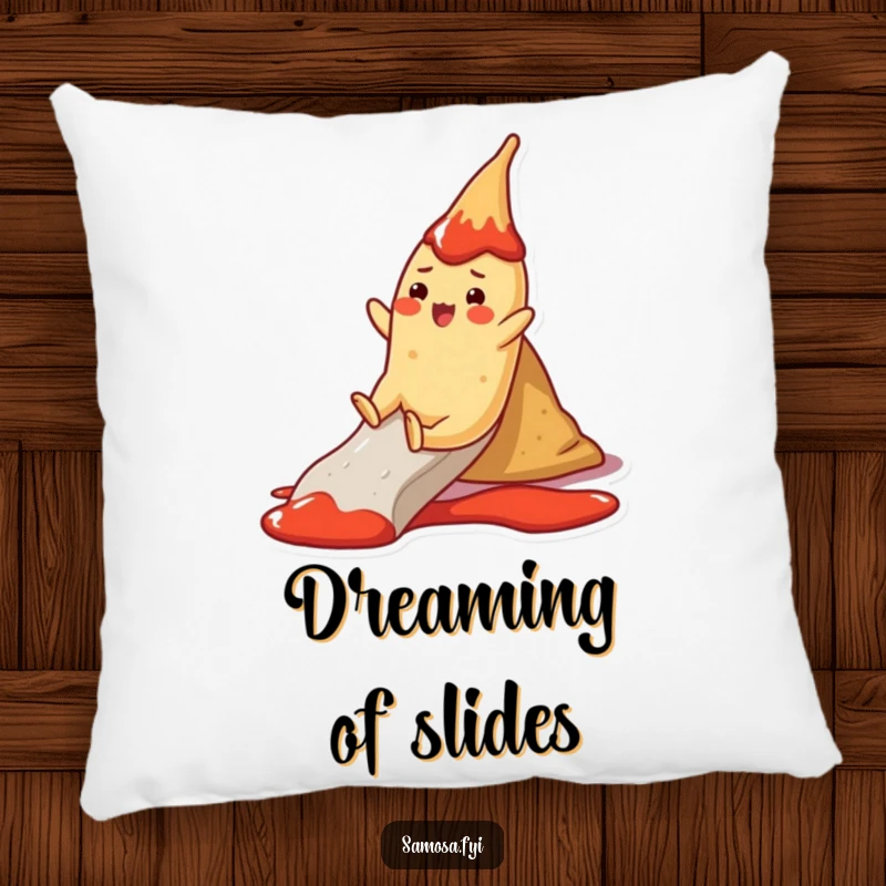 Funny Pillow: A cheerful samosa character slides down a ketchup slide, soft and humorously enjoyable.