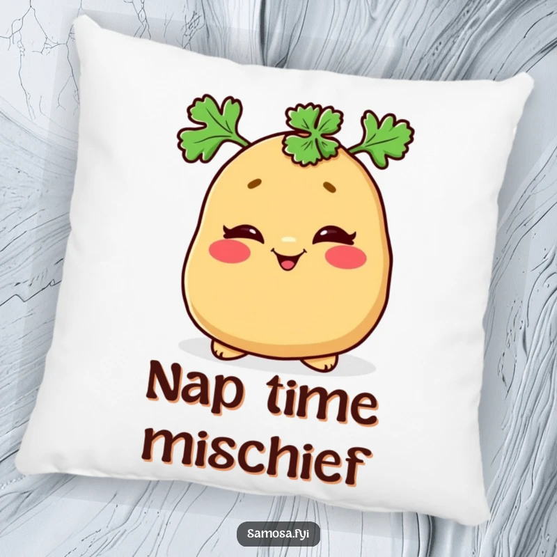 Funny pillow featuring a mischievous samosa winking with a parsley hat, perfect for snuggling.