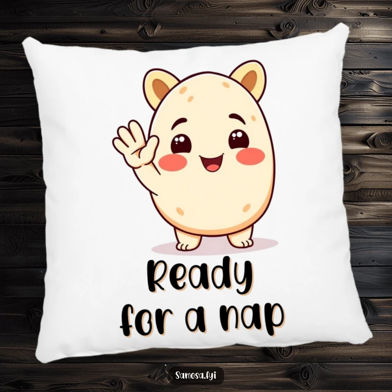 Funny Samosa Pillow with a smiling animated samosa character giving a cheerful salute, offering comfort and humor for home decor.
