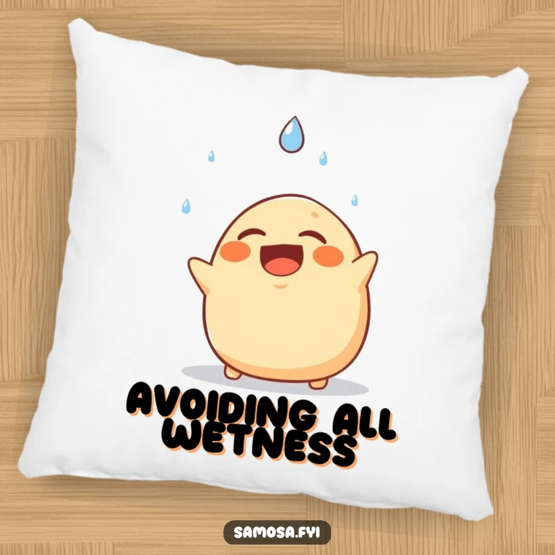 Funny decorative pillow with a laughing samosa comically dodging a falling raindrop, providing comfort and a humorous touch.