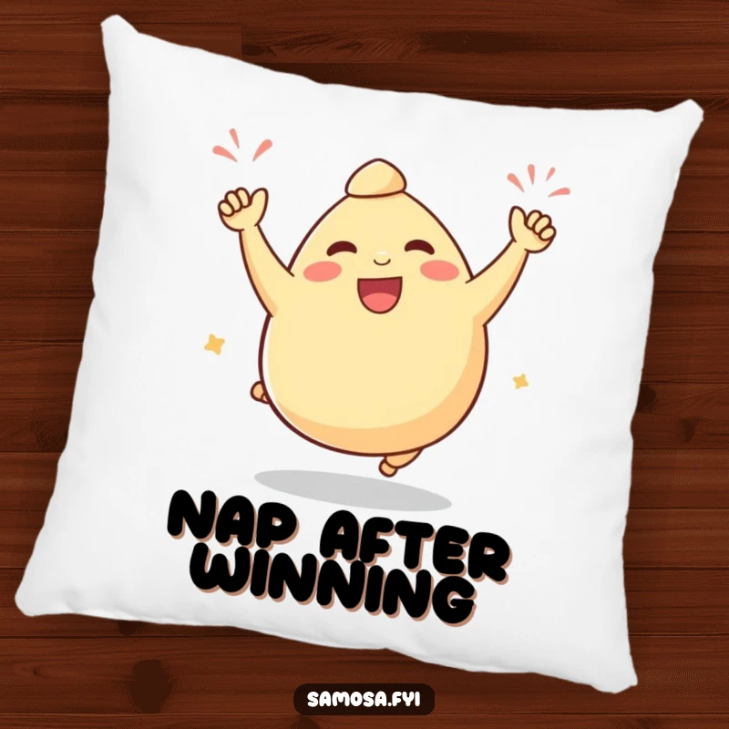 Funny samosa pillow featuring a plump samosa character doing a victorious celebratory hop, bringing cozy celebration.