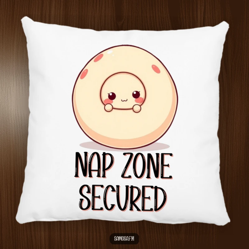 Funny pillow with a cute samosa character peeking playfully from behind a large, wobbly ball, adding comfort and humor.
