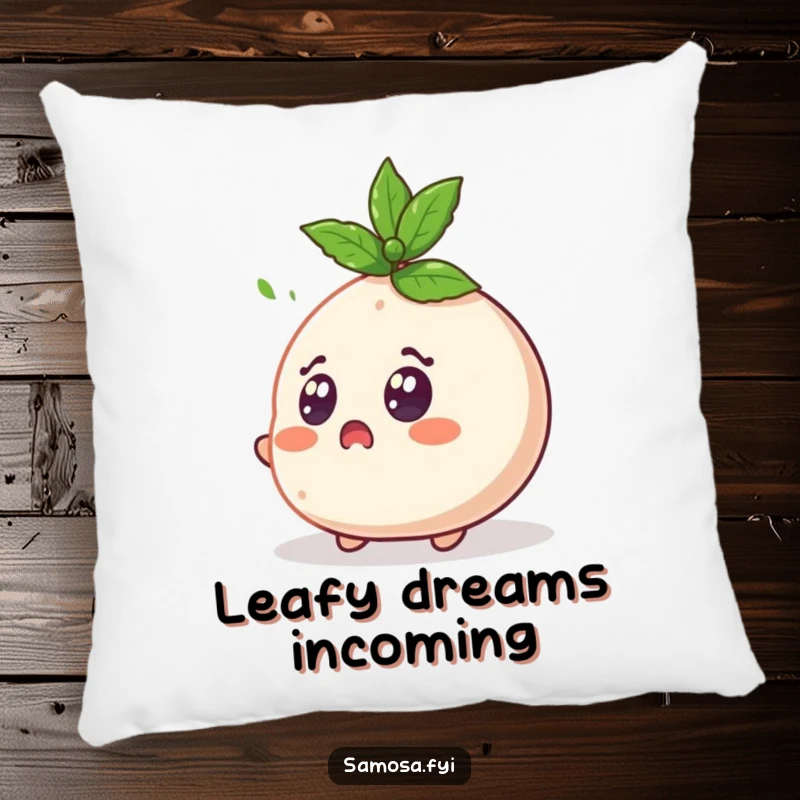 Funny Samosa Pillow showcases a surprised samosa character with wide eyes reacting to a flying mint leaf, bringing comfort and humor.