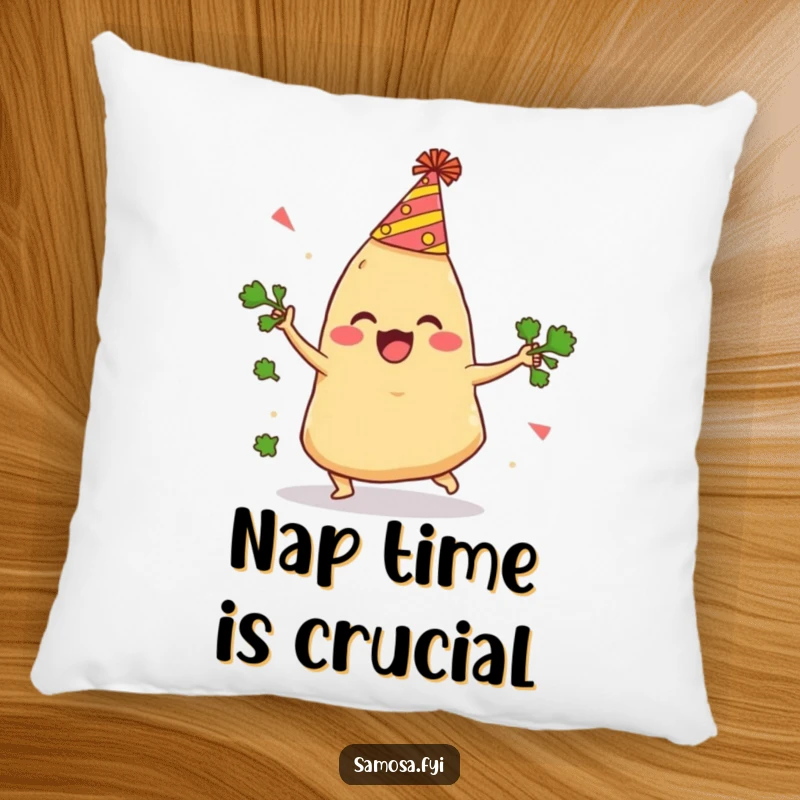 Funny Samosa Pillow depicts a delighted samosa with a party hat comically tripping while juggling cilantro, a soft and humorous accent.