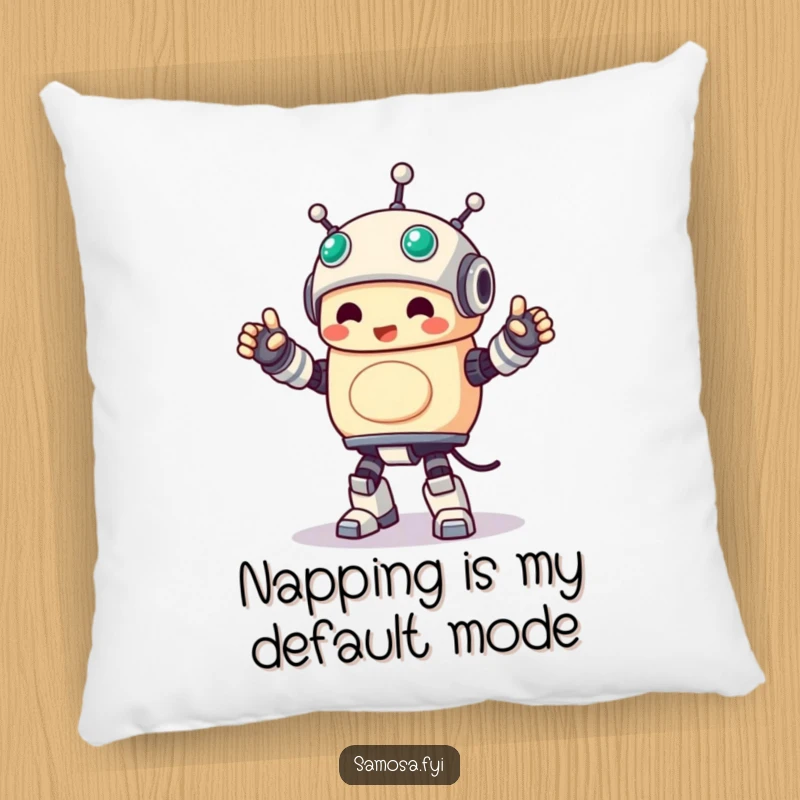 Funny Pillow with a samosa character performing a rigid, joyful robot dance, perfect for a cozy laugh.