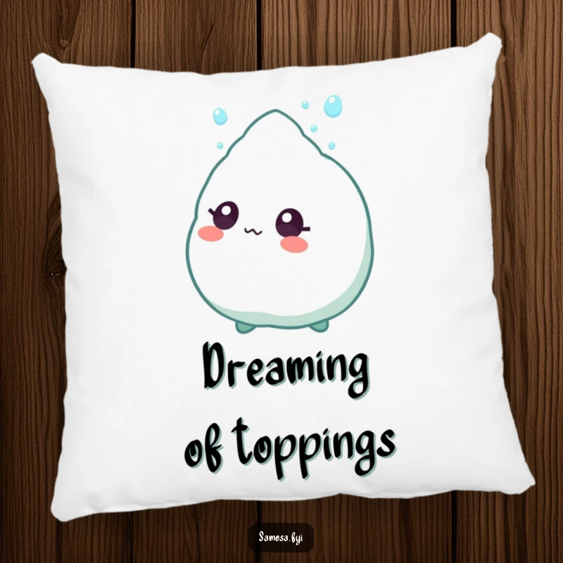 Funny Pillow showing a samosa character with wide eyes, looking up in awe at a descending sprinkle.