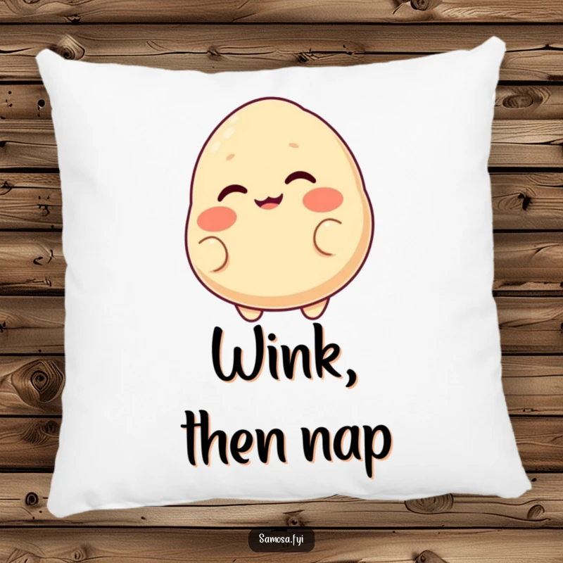 Funny pillow featuring a blushing samosa with a cheeky grin, playfully winking, adding a touch of warmth and fun.
