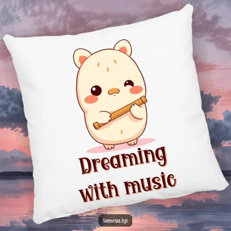 Funny samosa pillow depicting a shy samosa character holding a tiny flute, offering plush comfort and a touch of gentle musical humor, a delightful gift.