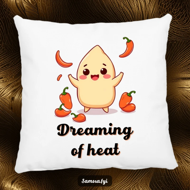 Funny pillow with a smiling samosa juggling tiny chili peppers, perfect for adding a touch of cozy humor and spice.
