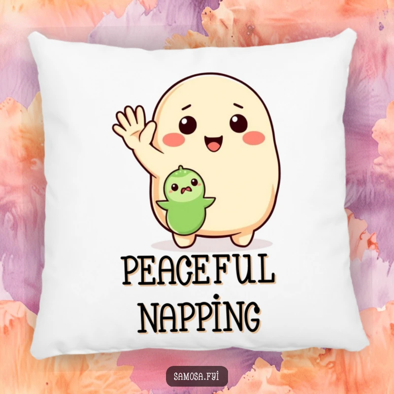 Funny Pillow with an enthusiastic samosa waving to a pea, offering comfort and a friendly, humorous touch.