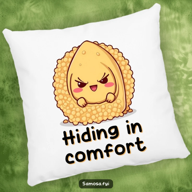 Funny samosa character with a mischievous grin, hiding behind a giant couscous grain, designed on a soft, decorative pillow.