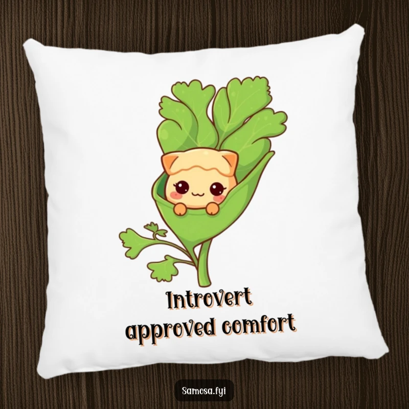 Funny Pillow: A shy samosa character peeks from a large coriander leaf, soft and adorably funny.