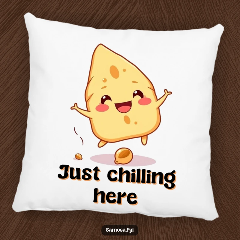 Funny Samosa Pillow depicts a cheerful samosa grinning while playfully dodging a falling chickpea, a soft and humorous accent piece.