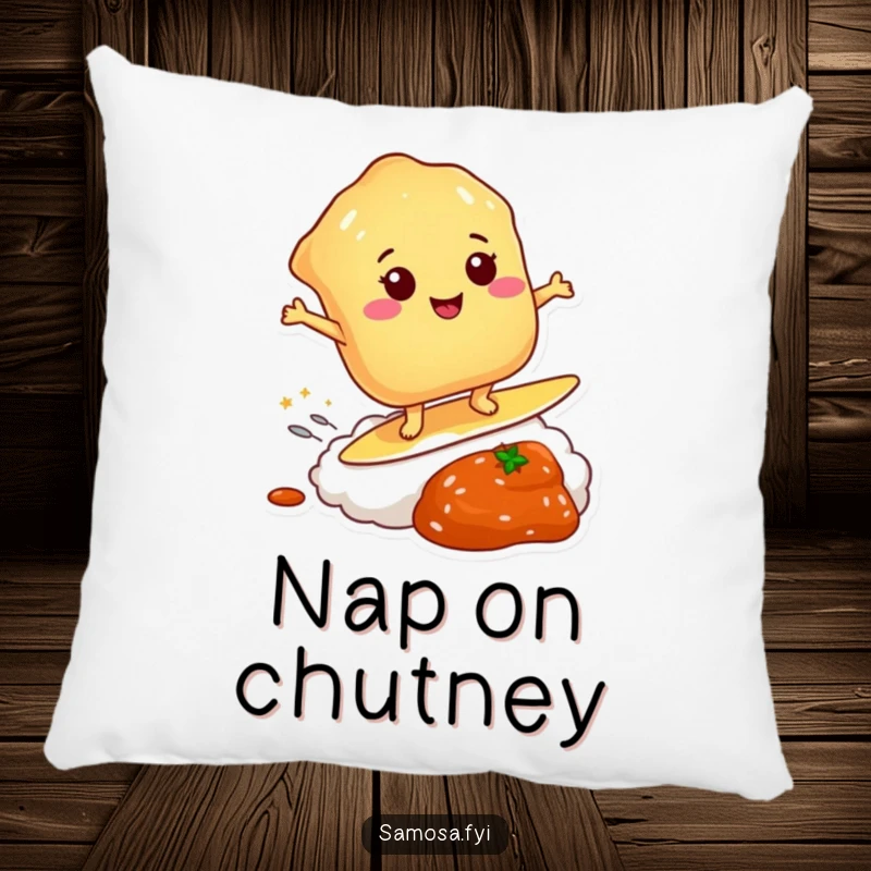 Funny pillow featuring a pastry surfing a dollop of chutney, adding a humorous and cozy touch to any room.