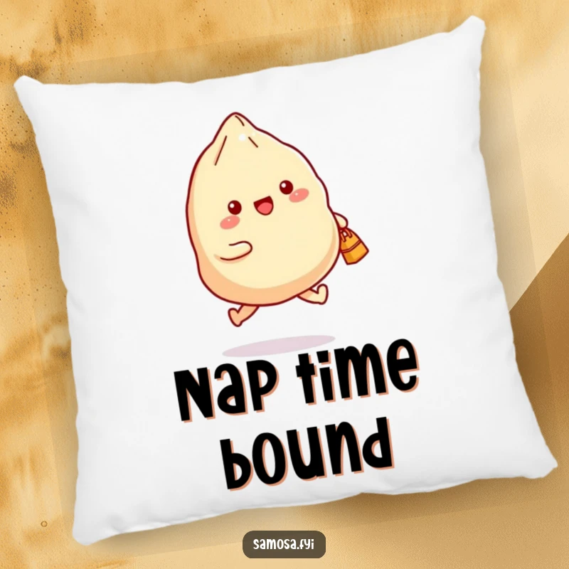 Funny decorative pillow with a samosa joyfully skipping with a small bag, providing comfort and a cheerful, humorous touch.