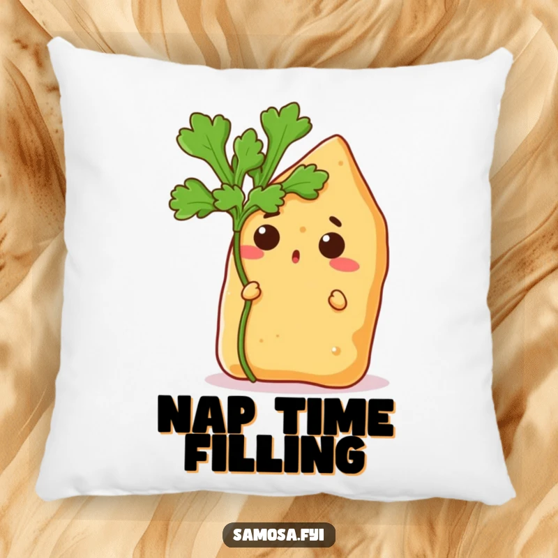 Funny pillow showcasing a startled samosa peeking from behind a green coriander leaf, offering comfort and a humorous visual.