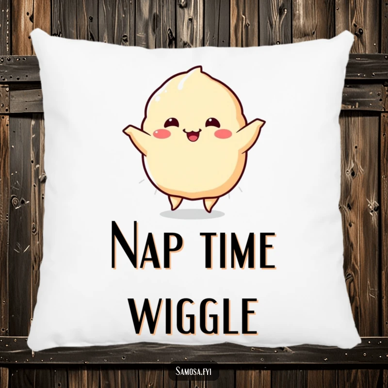 Funny Samosa Pillow showing a plump samosa character energetically doing a happy dance, its sides wiggling with pure, infectious delight.