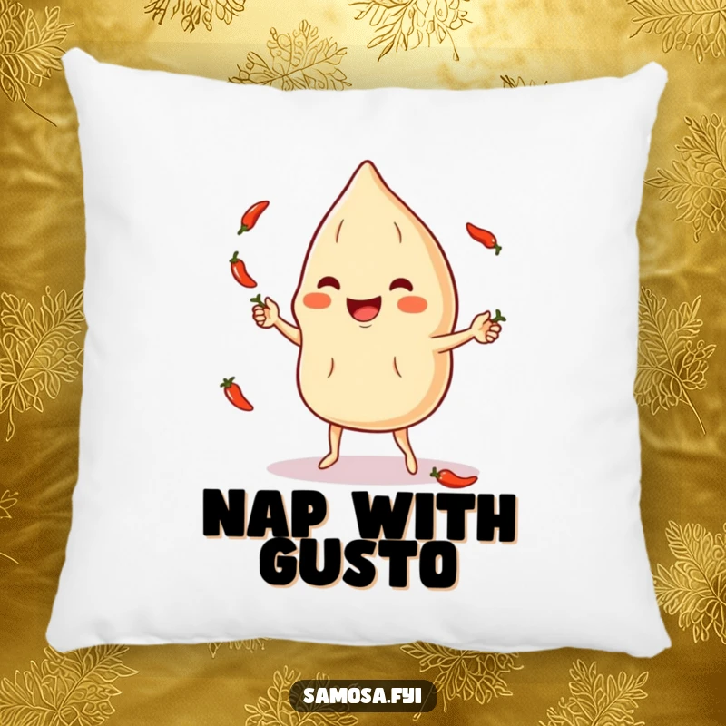 Funny Pillow: A cheerful samosa character juggling small chili peppers, a soft and amusing decor piece.