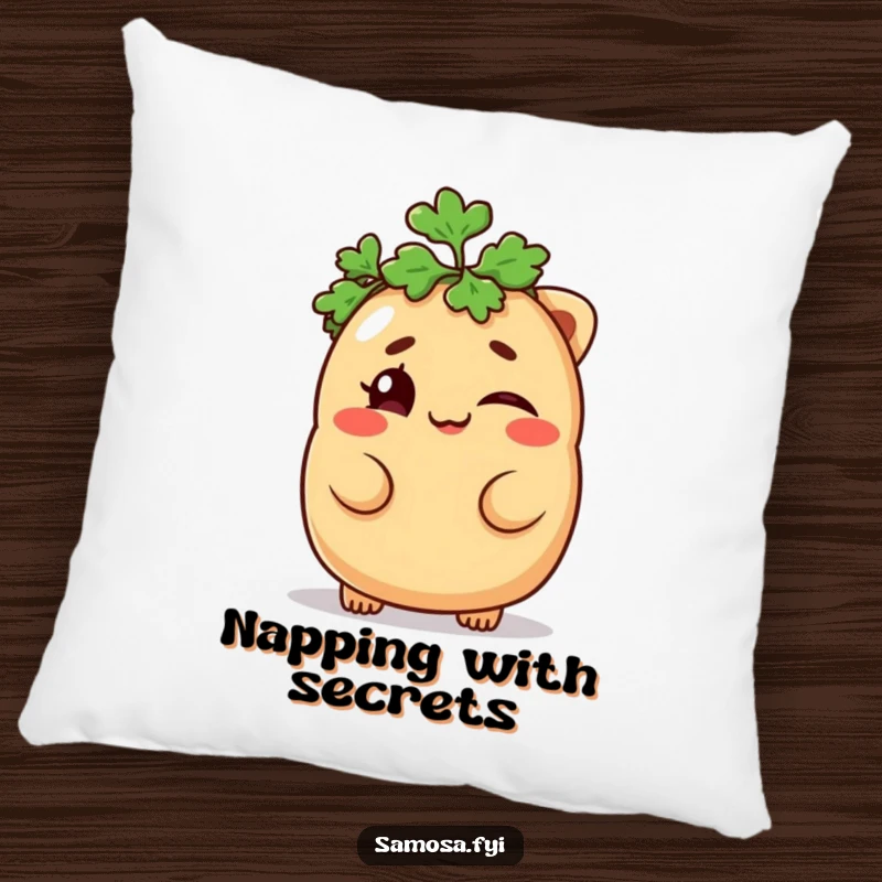 Funny Samosa Pillow featuring a mischievous samosa winking with a parsley hat, designed for comfort and a funny gift.