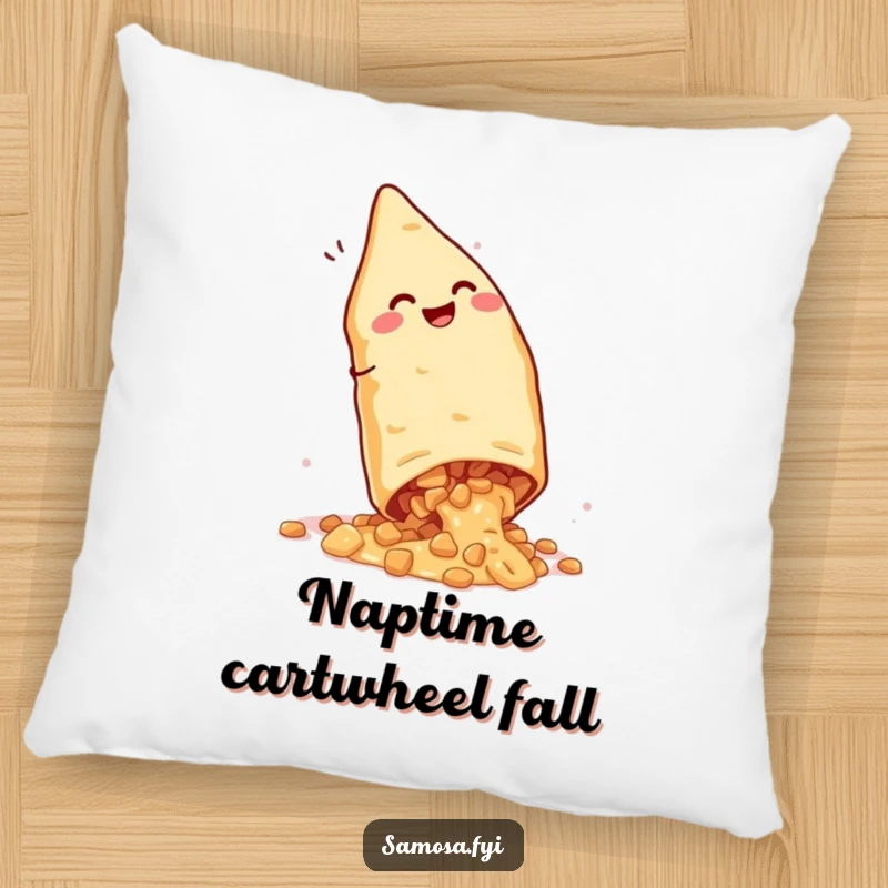 Funny Giggling Samosa Pillow: Soft cushion featuring a comical Indian snack mid-cartwheel, with filling spilling, ideal for a cozy laugh.