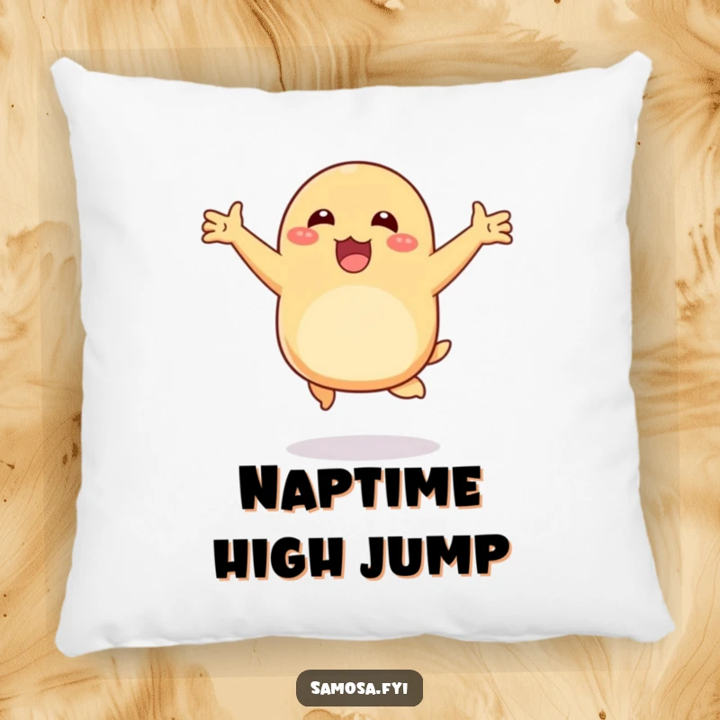 Funny pillow with a happy samosa hopping with arms outstretched, perfect for adding a touch of cozy humor to any room.