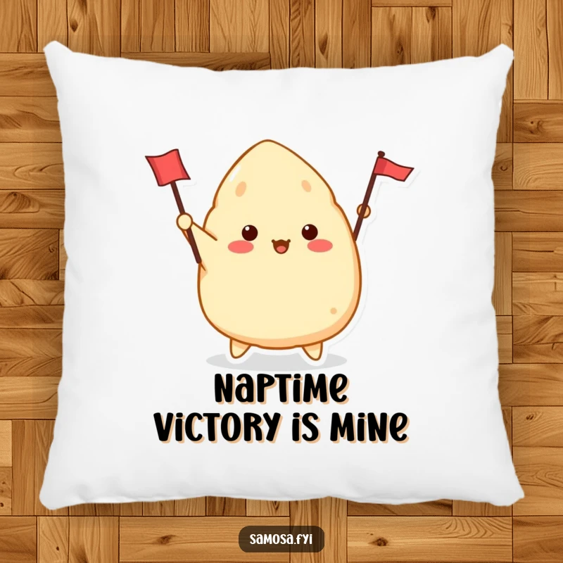 Funny Samosa Pillow with a cute samosa character enthusiastically waving a tiny flag, offering comfy and humorous decor.