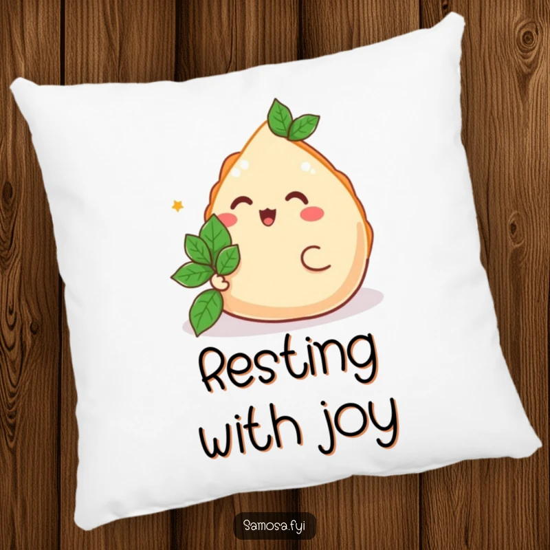 Funny Samosa Pillow featuring a happy samosa offering a mint leaf, designed for comfort and a funny gift.