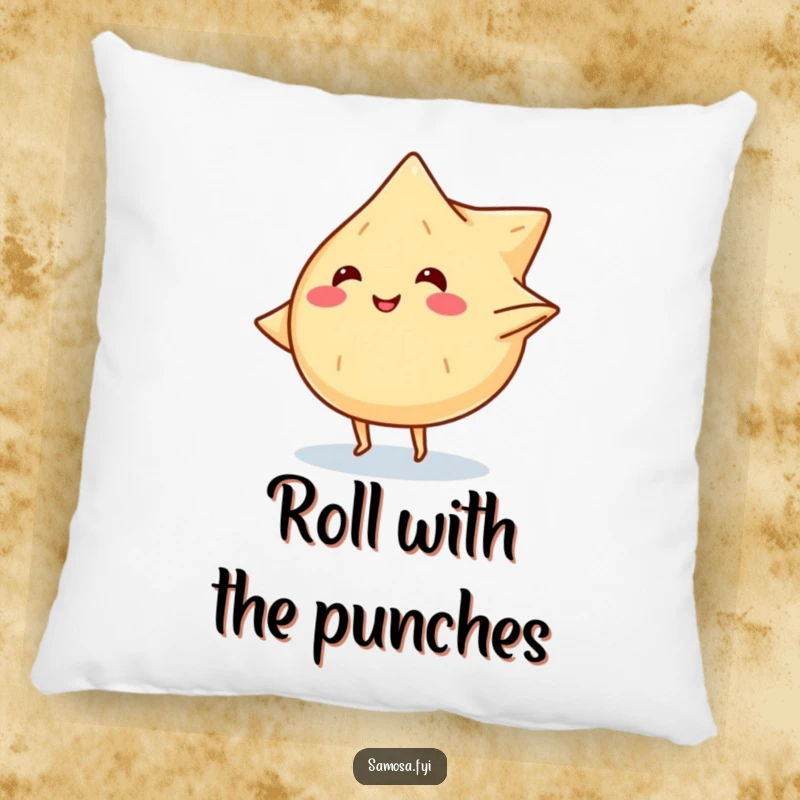 Funny pillow featuring a smiling samosa character with tiny legs doing a cartwheel, soft and huggable.