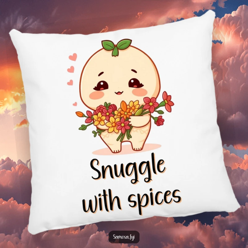 Funny samosa pillow featuring a blushing character holding a bouquet of spice flowers, perfect for cozying up with warmth and charm.