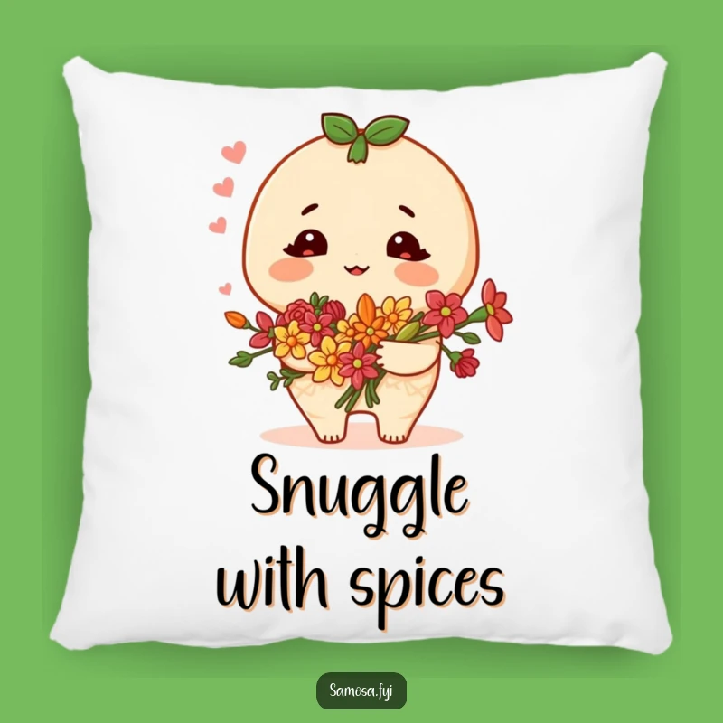 Funny Samosa Pillow: Blushing Character, Spice Flowers - Cozy Charm