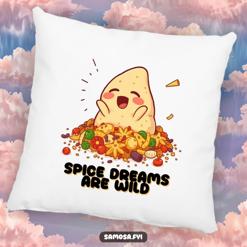 Funny samosa pillow depicting a giggling samosa character falling into spices, offering plush comfort and comical, spicy charm, a delightful gift.