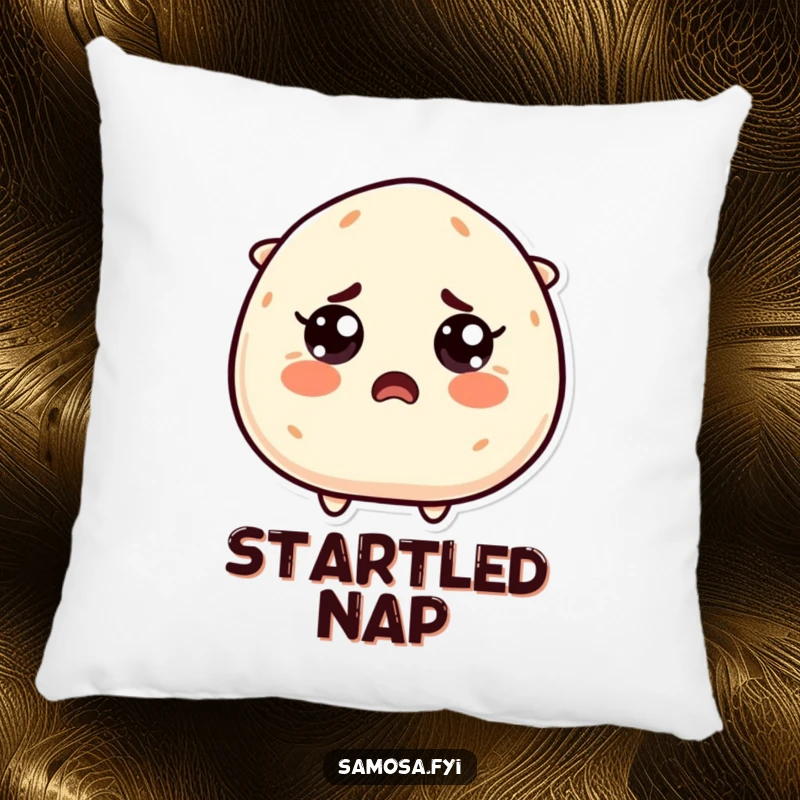 Funny Startled Samosa Pillow: A samosa character with wide, surprised eyes, offering cozy comfort and a touch of lighthearted shock.