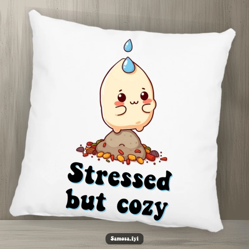 Funny samosa character sweating and balancing on a small pile of spices, designed on a soft, decorative pillow.