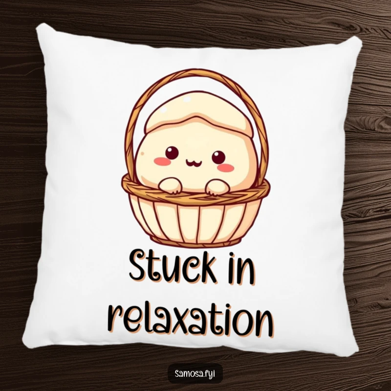 Funny Pillow: A samosa character comically stuck in a small basket, offering soft comfort and a dose of snack-related humor.