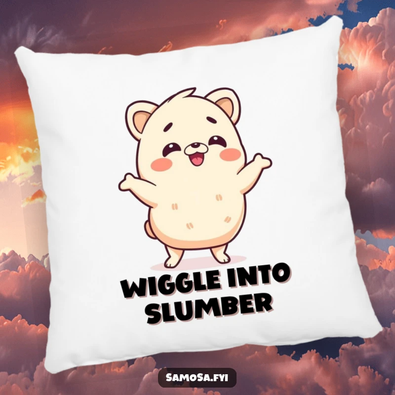 Funny samosa pillow depicting a samosa character doing a silly wiggle dance, offering plush comfort and comical dance moves, a delightful gift.