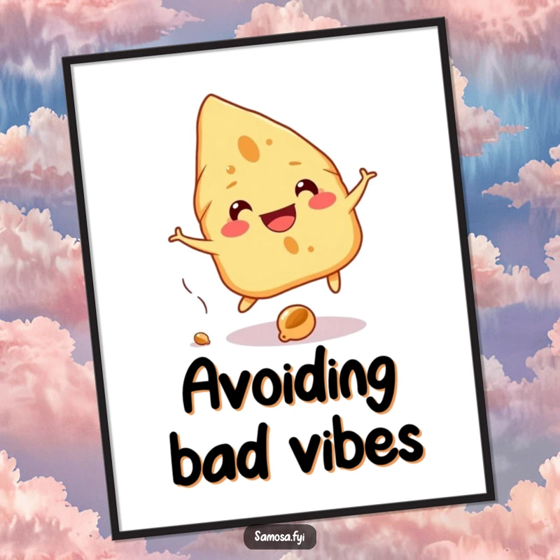 Funny Samosa Digital Art shows a cheerful samosa with a wide grin playfully dodging a falling chickpea, a downloadable piece of humor.