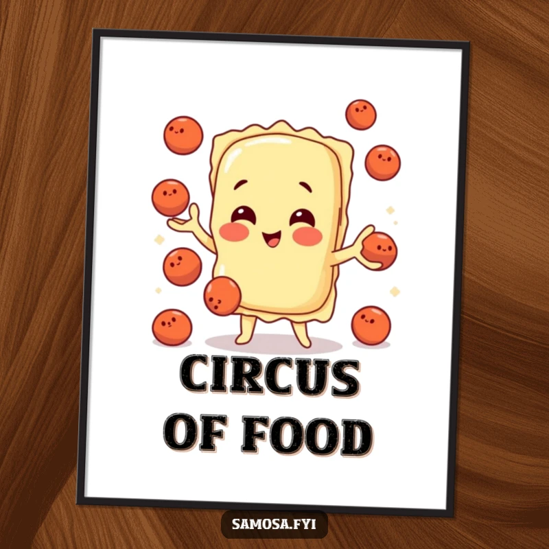 High-quality digital art print of a playful ravioli character juggling small meatballs, ideal for adding Italian charm.