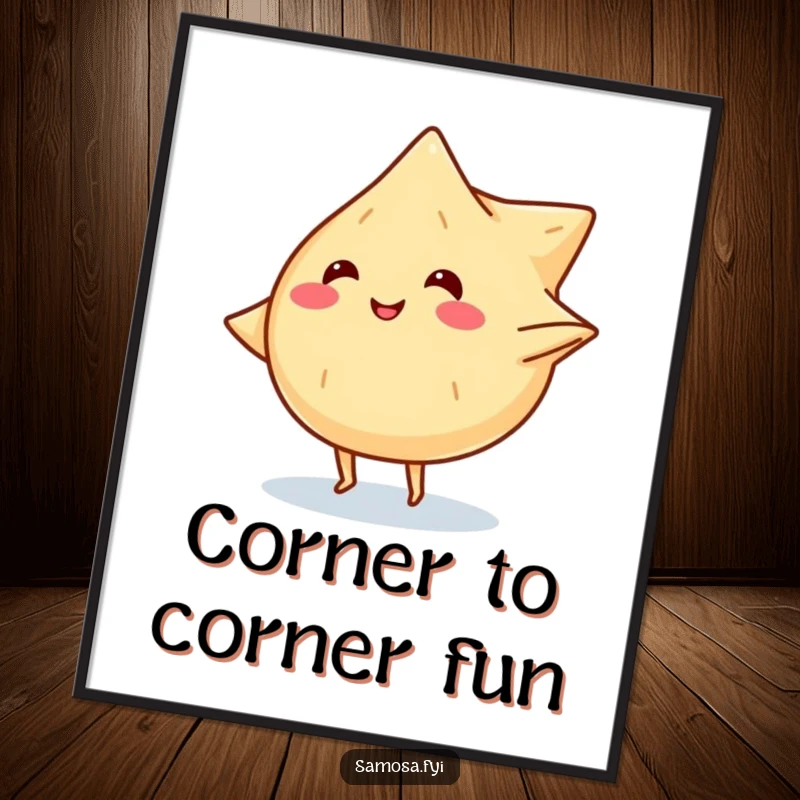 Funny digital art print of a smiling samosa character with tiny legs doing a cartwheel, radiating pure snack fun.