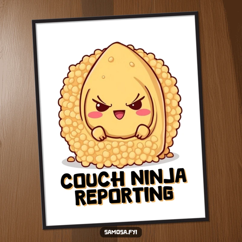 Funny samosa character with a mischievous grin, hiding behind a giant couscous grain, as a downloadable digital art print.