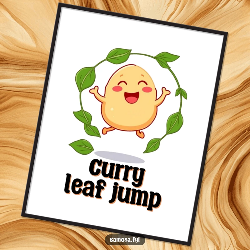 Funny digital art print of a laughing samosa with legs jumping through a hoop of curry leaves with pure joy.