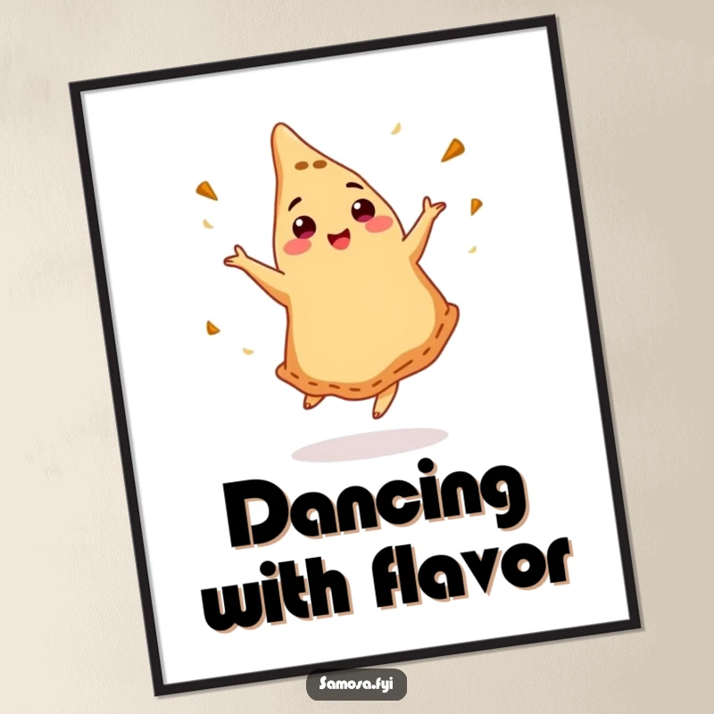 Funny digital art print of a dancing samosa with cumin, great for instant humorous wall decor.