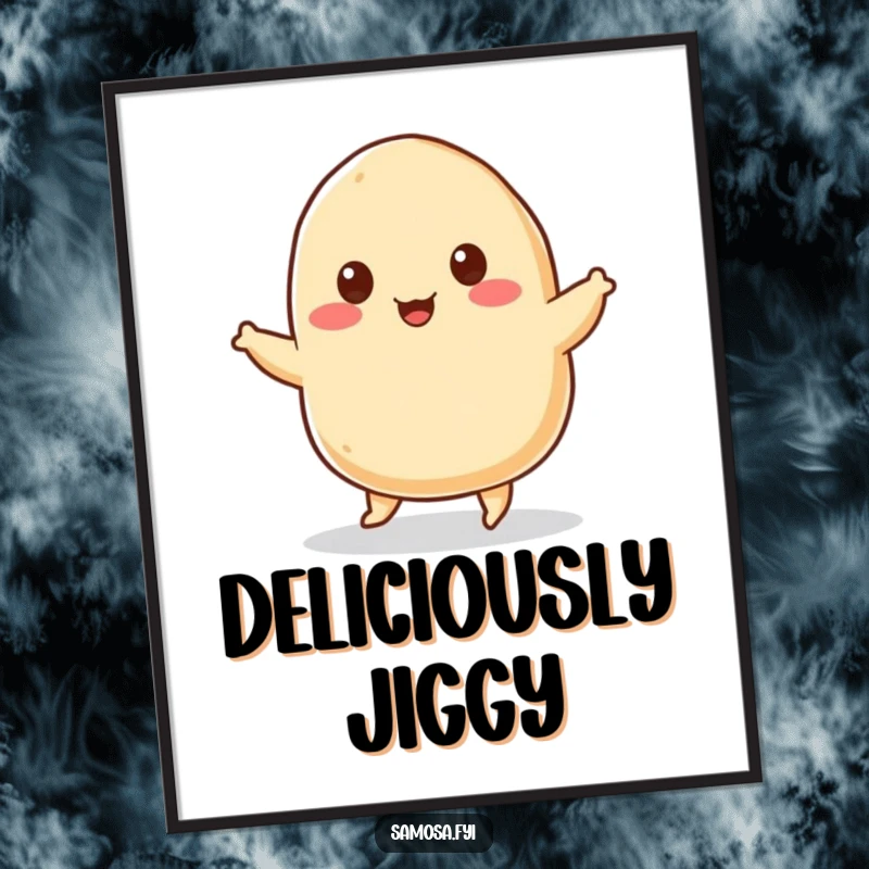 Funny Digital Art Print of a cheerful samosa with tiny sesame seed eyes, humorously doing a joyful jig, adding a fun, foodie touch.