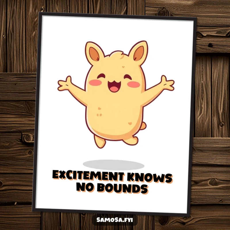 Funny samosa digital art print showing a happy pastry hopping with arms outstretched, delivering instant excitement.