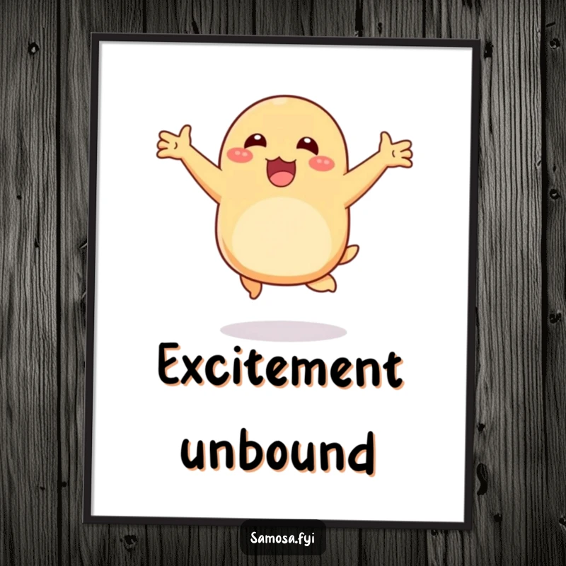 Funny digital art print of a happy samosa hopping with arms outstretched, perfect for instant cheerful and humorous wall decor.