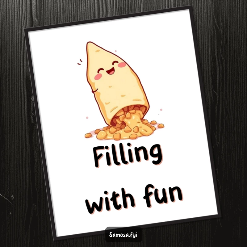 Funny Giggling Samosa Digital Art: High-resolution printable of a snack doing a cartwheel with filling spilling, perfect for adding humor.