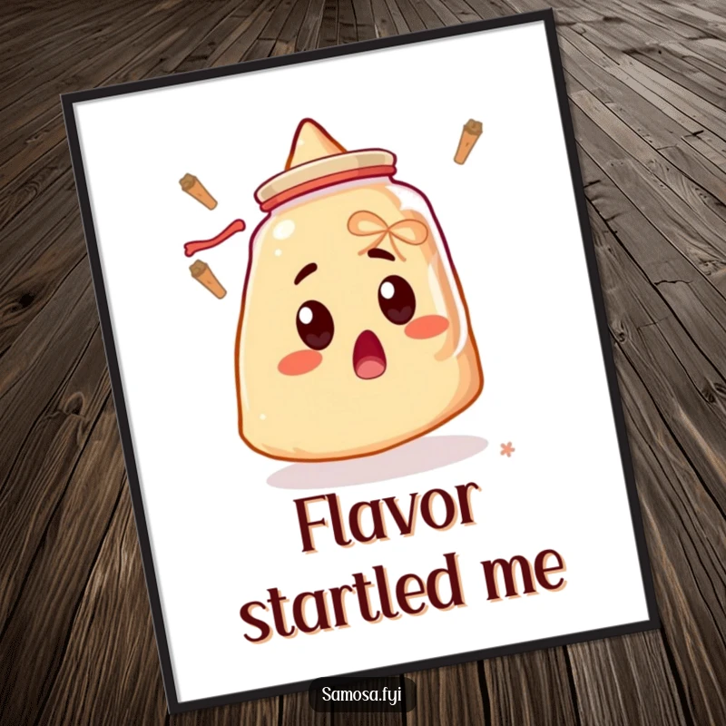 Funny digital art print of a surprised samosa with wide eyes, staring at a floating spice jar, adding humor to any wall space.