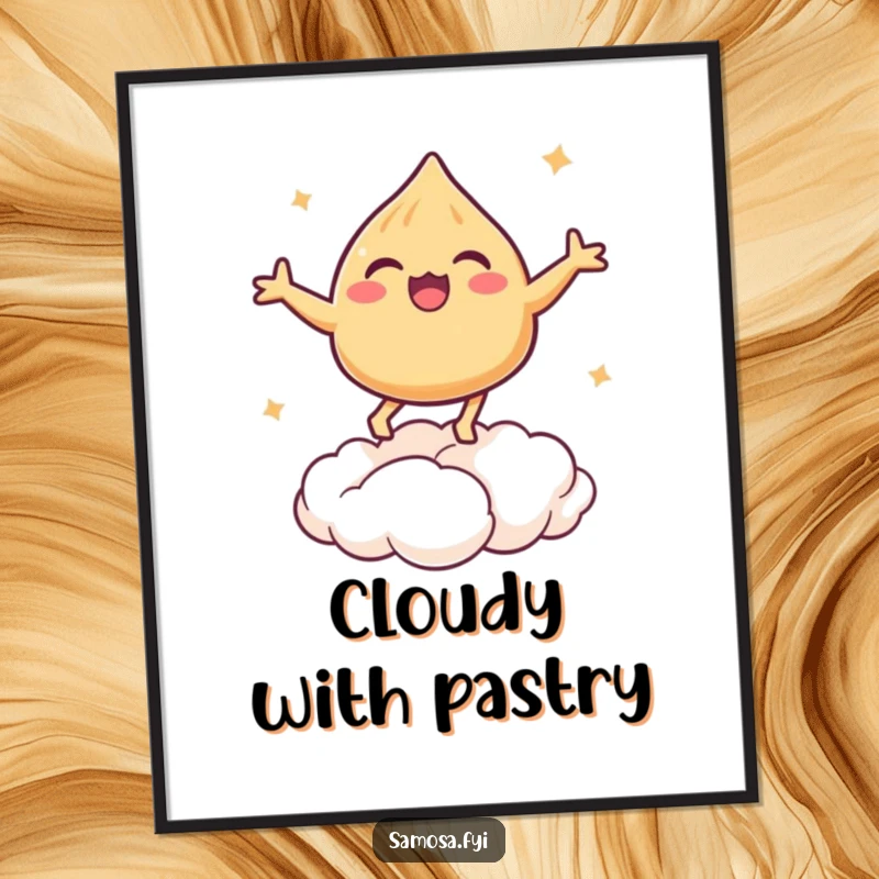 Funny digital art of a samosa bouncing on a puff pastry cloud, for whimsical decor.