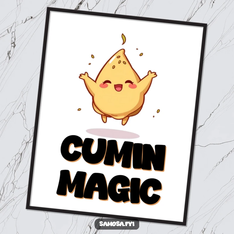 Funny Digital Art Print of a samosa spinning with cumin, a downloadable piece of humorous food-themed artwork.