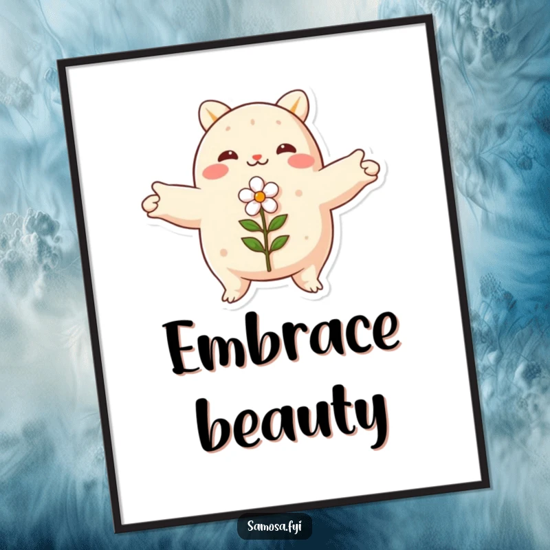 Funny samosa digital art print, arms spread wide, embracing a small flower, instant download, peaceful decor.